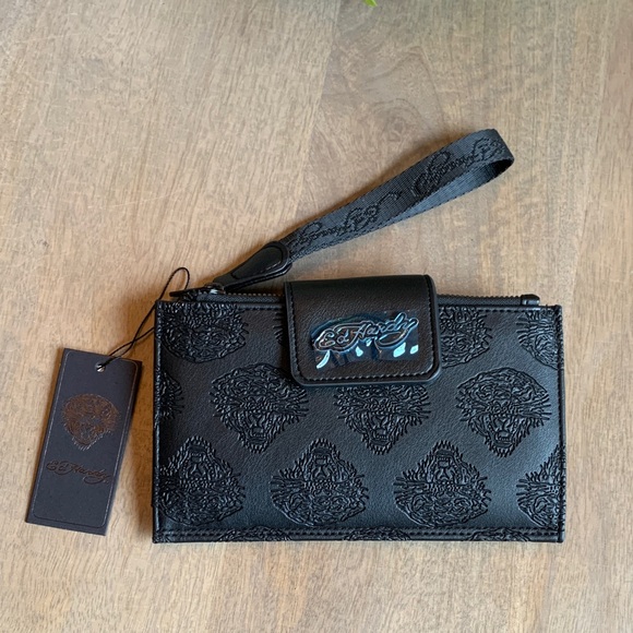 Ed Hardy Black Embossed Clutch Wristlet - Picture 1 of 4